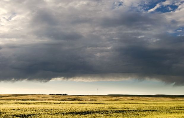 A storm front building over a flat, open plain