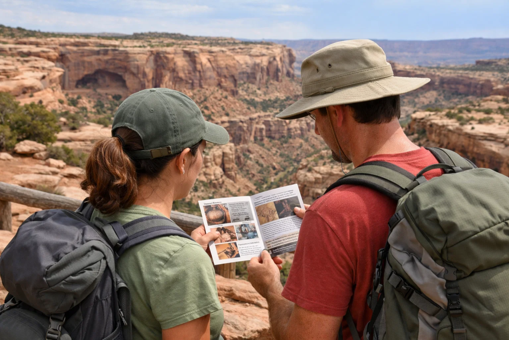 Turyści stoją na skalnym punkcie widokowym nad kanionem w Utah i czytają mapę oraz zasady ochrony miejsc archeologicznych, w tle widać pustynny krajobraz