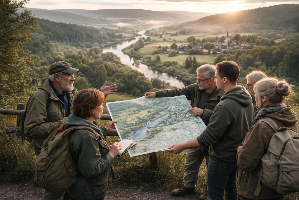 Mieszkańcy stoją na punkcie widokowym nad doliną z rzeką i historyczną zabudową, trzymają mapę i notatnik, planując działania ochronne